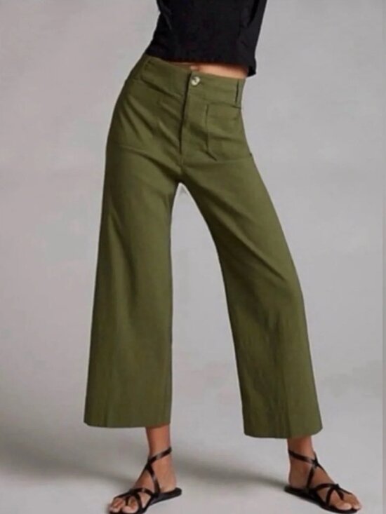 Maeve Pants - Maeve Collette Olive Linen Blend Wide Leg Pants Crop Patch Pockets Size 30